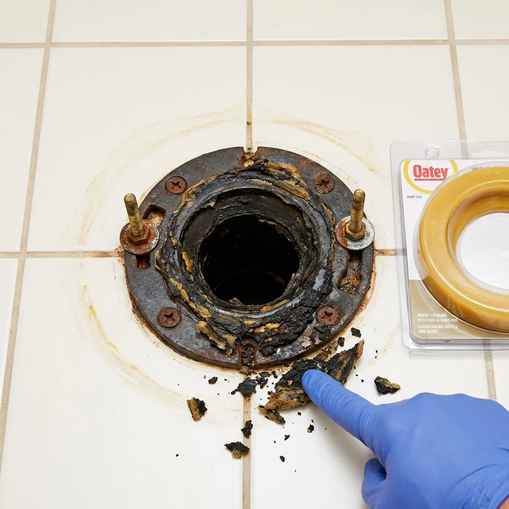 Failed wax ring showing water seepage at the base of a toilet in a Greenville, MO home